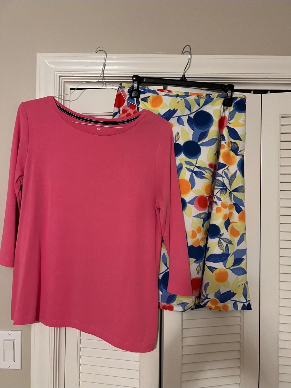 Talbots Pink Top with Multicolor Floral Asymmetrical Skirt